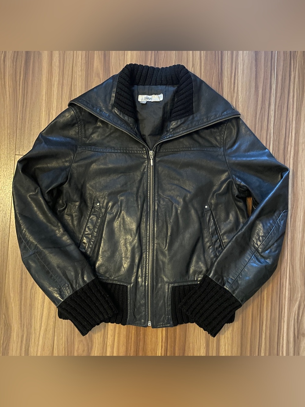 Zara Black Leather Zip-Up Jacket with Ribbed Collar